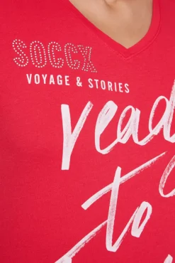 Damen CAMP DAVID & SOCCX T-Shirt mit Wording Print und Schmucksteinen pinky red