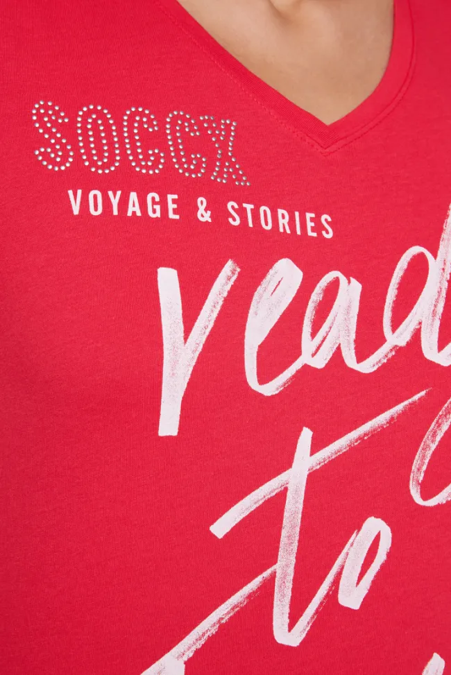 Damen CAMP DAVID & SOCCX T-Shirt mit Wording Print und Schmucksteinen pinky red